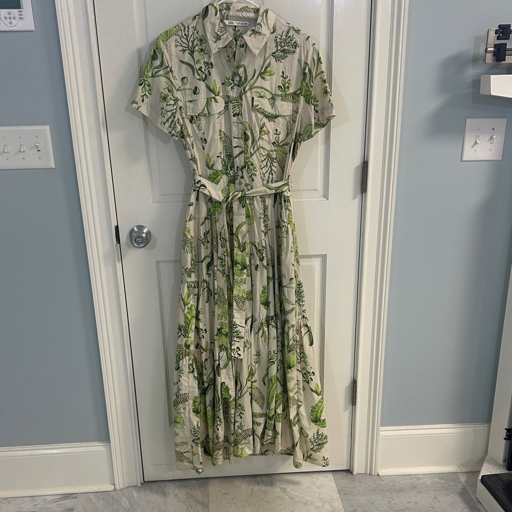Zara Green and Cream Botanical Maxi Dress